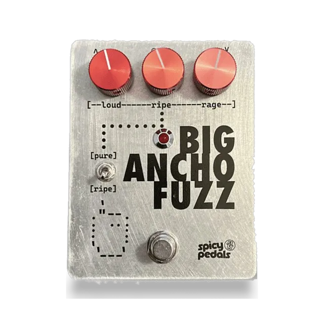 Big Ancho Fuzz pedal: raw aluminium enclosure with three red knobs marked loud, ripe and rage, a two-position toggle switch labelled [pure] / [ripe], a red LED and a footswitch, with the Spicy Pedals logo bottom right.