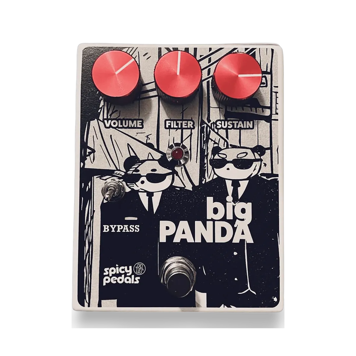 Big Panda pedal: white enclosure printed in black and white with two pandas in suits and sunglasses, three red knobs marked VOLUME, FILTER and SUSTAIN, a toggle switch marked BYPASS, a red LED and a footswitch.