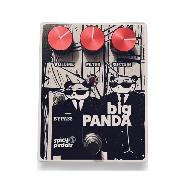 Big Panda pedal: white enclosure printed in black and white with two pandas in suits and sunglasses, three red knobs marked VOLUME, FILTER and SUSTAIN, a toggle switch marked BYPASS, a red LED and a footswitch.