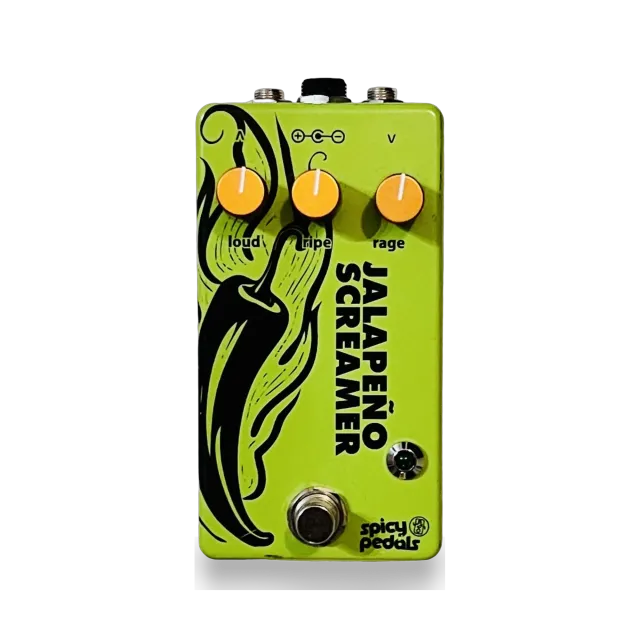 Jalapeño Screamer Verde pedal: green enclosure with a black chilli illustration, three orange knobs marked loud, ripe and rage, a green LED and a footswitch.