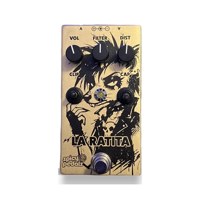 La Ratita Black Label pedal: cream enclosure printed with a black rat illustration, three black knobs marked VOL, FILTER and DIST, two toggle switches marked CLIP and CAP with an LED between them, and a footswitch.