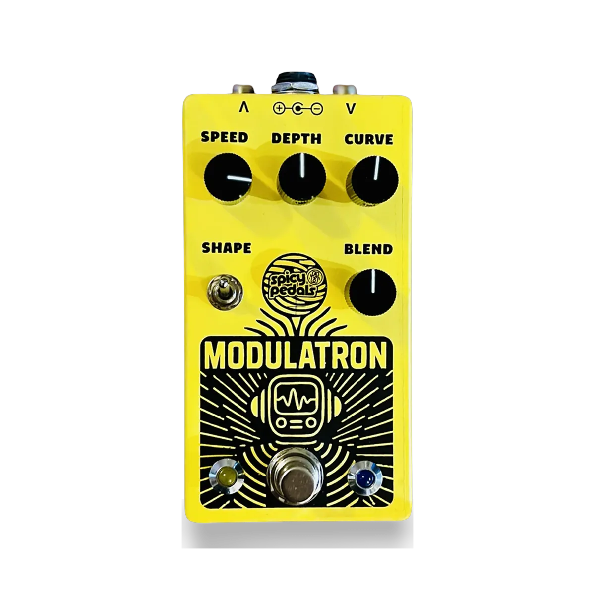 Modulatron Analog Chorus Vibrato pedal: yellow enclosure with four black knobs marked SPEED, DEPTH, CURVE and BLEND, a toggle switch marked SHAPE, a black panel drawing of a robot holding a waveform screen over radiating lines, and two LEDs flanking the footswitch.