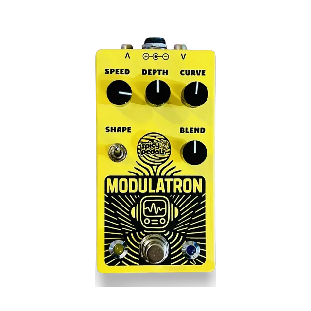Modulatron Analog Chorus Vibrato pedal: yellow enclosure with four black knobs marked SPEED, DEPTH, CURVE and BLEND, a toggle switch marked SHAPE, a black panel drawing of a robot holding a waveform screen over radiating lines, and two LEDs flanking the footswitch.