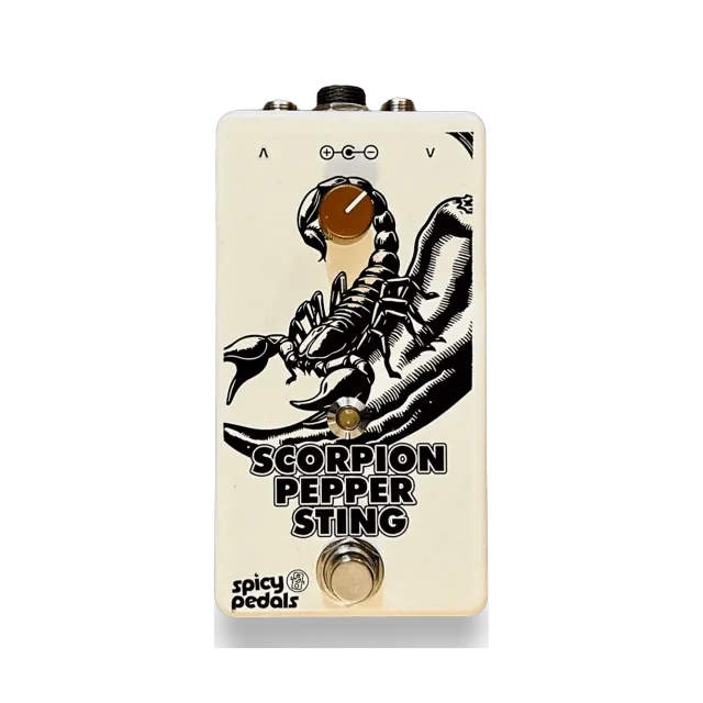 Scorpion Pepper Sting pedal: cream enclosure with a black illustration of a scorpion on an open hand, a single orange knob, an LED and a footswitch.
