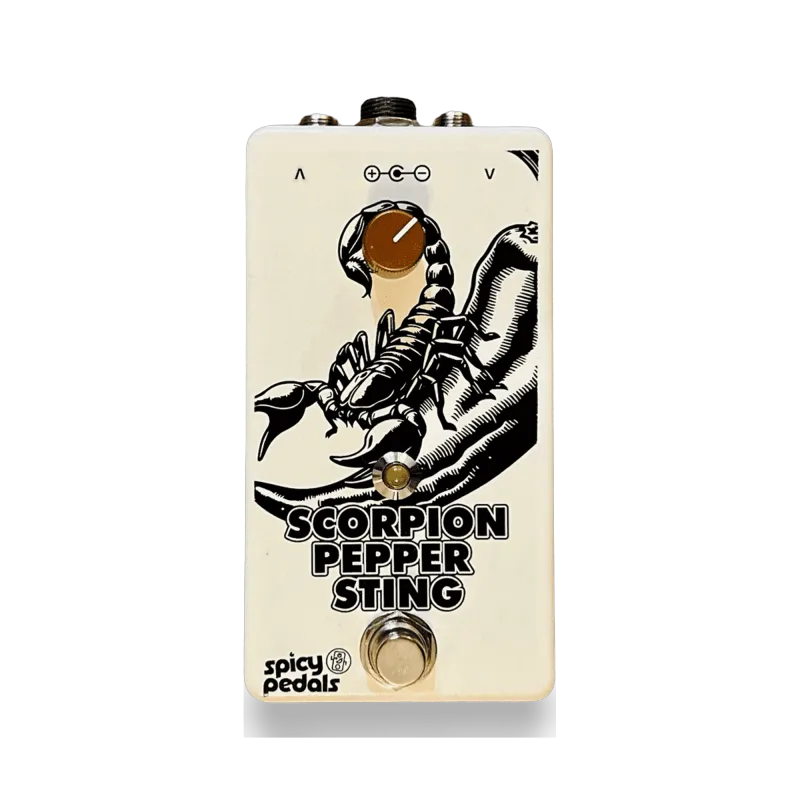 Scorpion Pepper Sting pedal: cream enclosure with a black illustration of a scorpion on an open hand, a single orange knob, an LED and a footswitch.