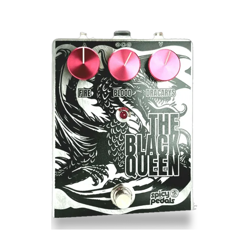 The Black Queen pedal: raw aluminium enclosure printed with a black dragon illustration, three pink knobs marked FIRE, BLOOD and DRACARYS, a red LED and a footswitch.
