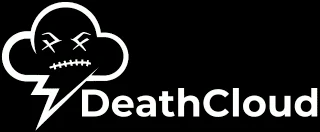 DeathCloud logo: an outlined storm cloud with crossed-out eyes and a stitched mouth, striking a lightning bolt, beside the word DeathCloud.