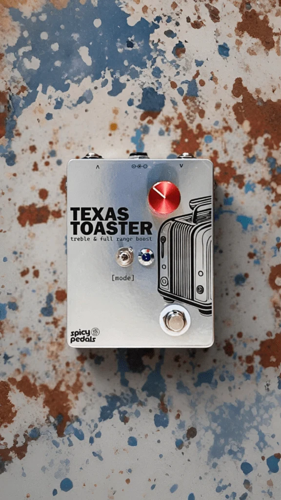 Close-up photo of the Texas Toaster pedal from Spicy Pedals, featuring a vintage-style enclosure with labeled knobs and a rugged footswitch