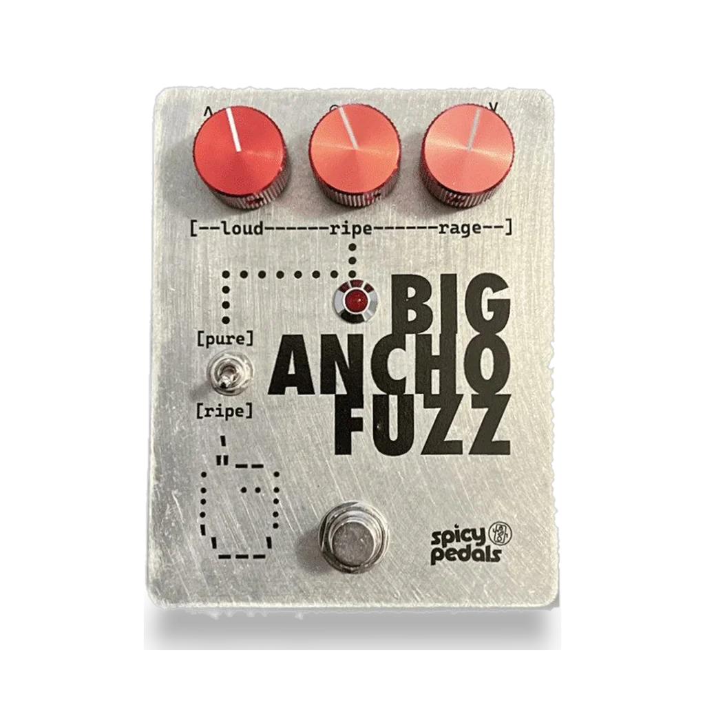 Big Ancho Fuzz pedal: raw aluminium enclosure with three red knobs marked loud, ripe and rage, a two-position toggle switch labelled [pure] / [ripe], a red LED and a footswitch, with the Spicy Pedals logo bottom right.