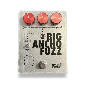 Big Ancho Fuzz pedal: raw aluminium enclosure with three red knobs marked loud, ripe and rage, a two-position toggle switch labelled [pure] / [ripe], a red LED and a footswitch, with the Spicy Pedals logo bottom right.