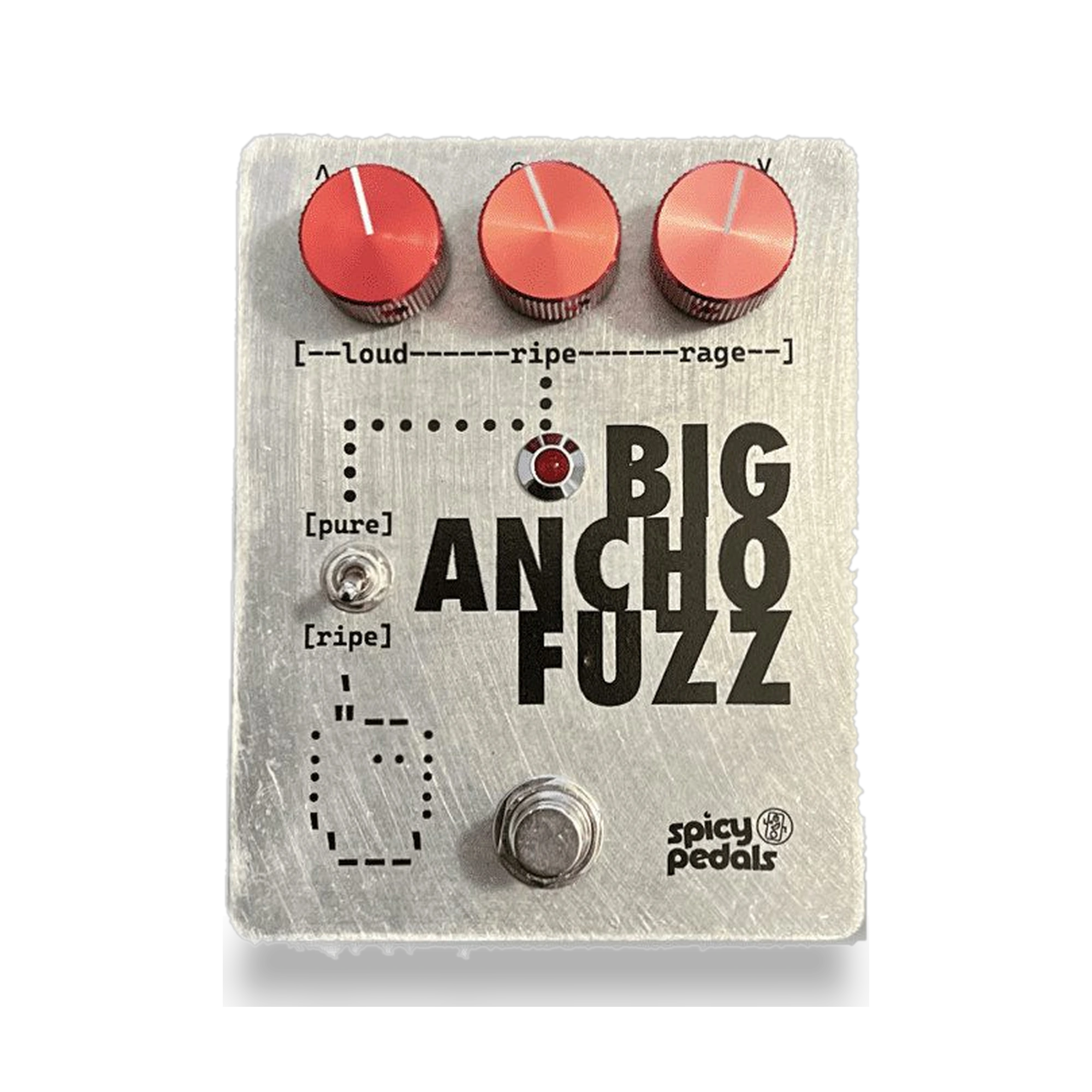 Big Ancho Fuzz pedal: raw aluminium enclosure with three red knobs marked loud, ripe and rage, a two-position toggle switch labelled [pure] / [ripe], a red LED and a footswitch, with the Spicy Pedals logo bottom right.