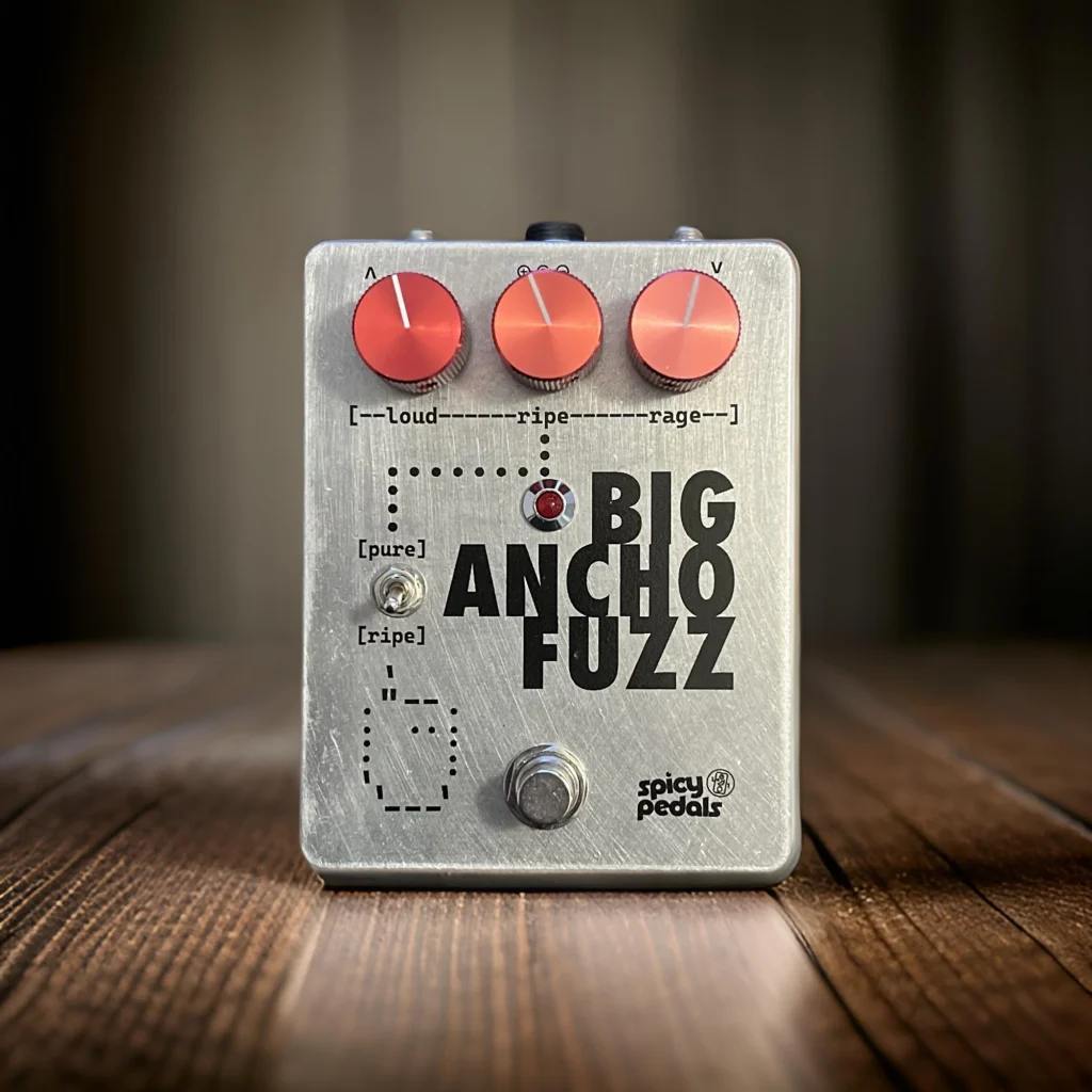 Big Ancho Fuzz standing on a wooden table against a dark backdrop, seen from the front, red knobs and footswitch lit from above.