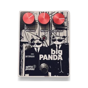 Big Panda pedal: white enclosure printed in black and white with two pandas in suits and sunglasses, three red knobs marked VOLUME, FILTER and SUSTAIN, a toggle switch marked BYPASS, a red LED and a footswitch.