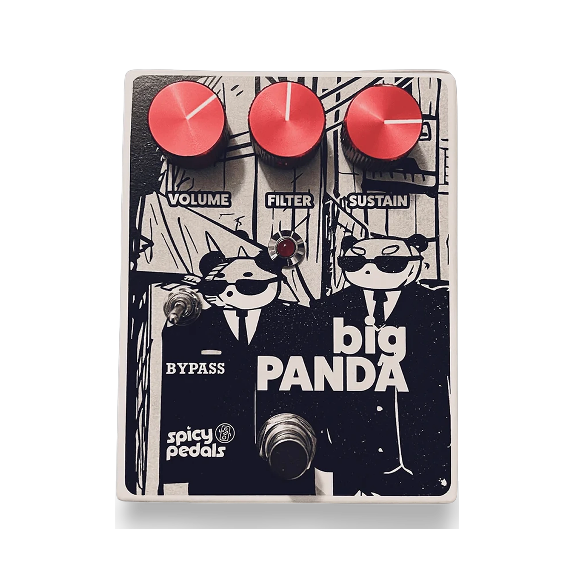 Big Panda pedal: white enclosure printed in black and white with two pandas in suits and sunglasses, three red knobs marked VOLUME, FILTER and SUSTAIN, a toggle switch marked BYPASS, a red LED and a footswitch.