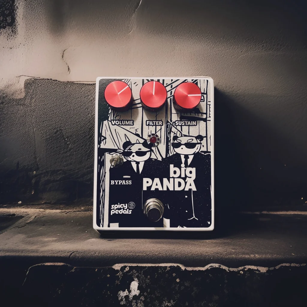Big Panda standing against a weathered grey plaster wall, seen from three quarters, the panda artwork and the red knobs catching the light.