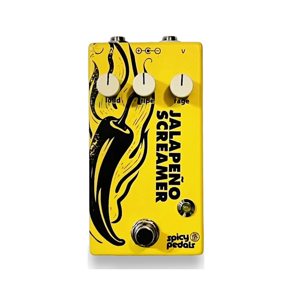 Jalapeño Screamer Amarillo pedal: yellow enclosure with a black chilli illustration, three cream knobs marked loud, ripe and rage, a green LED and a footswitch.