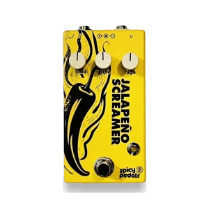 Jalapeño Screamer Amarillo seen from the front: yellow enclosure, black chilli illustration, three cream knobs marked loud, ripe and rage, green LED and footswitch.