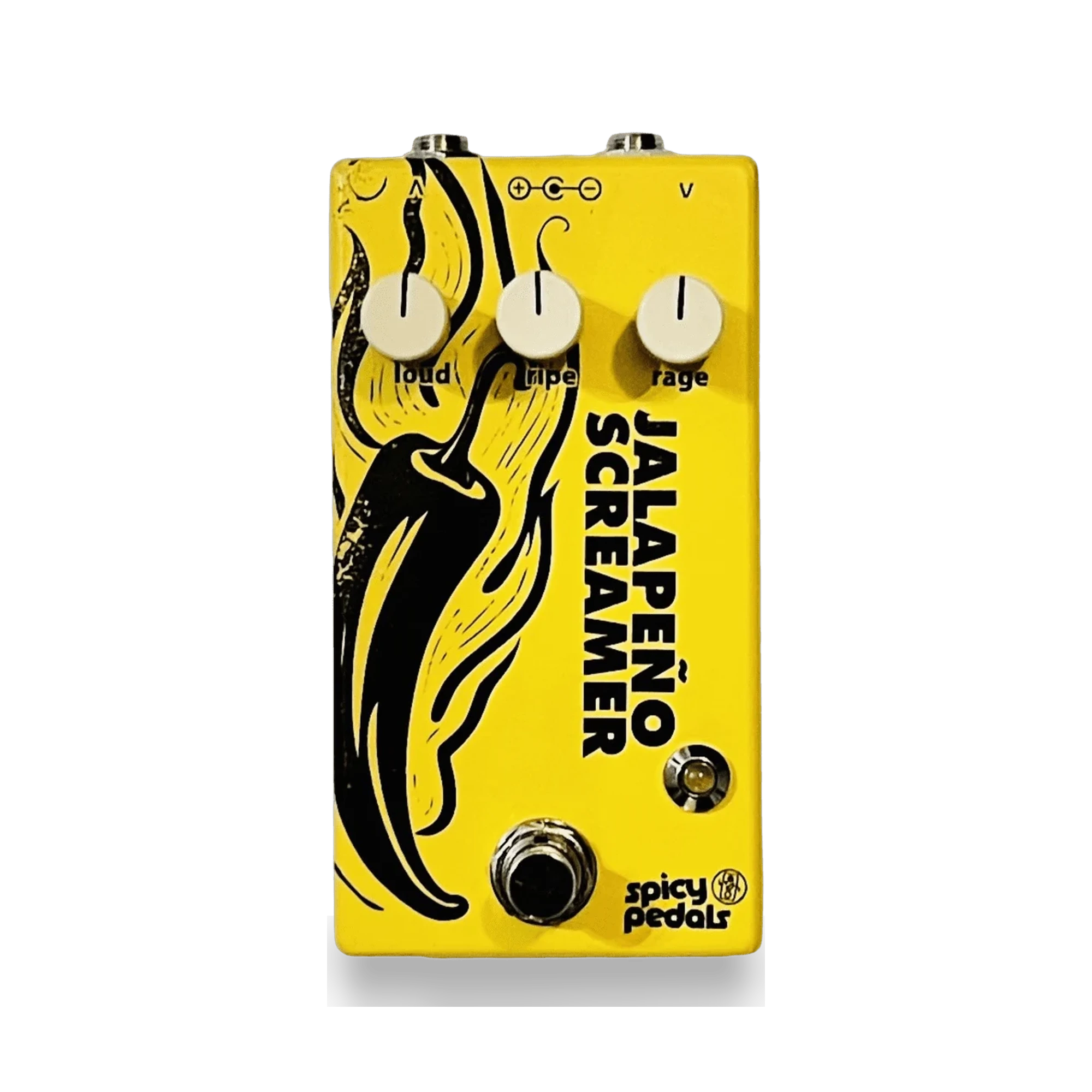 Jalapeño Screamer Amarillo seen from the front: yellow enclosure, black chilli illustration, three cream knobs marked loud, ripe and rage, green LED and footswitch.
