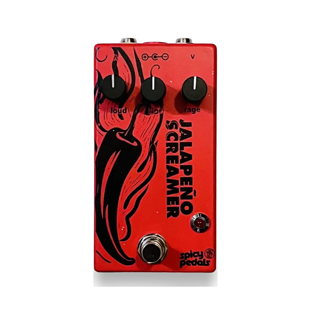 Jalapeño Screamer Rojo pedal: red enclosure with a black chilli illustration, three black knobs marked loud, ripe and rage, a red LED and a footswitch.