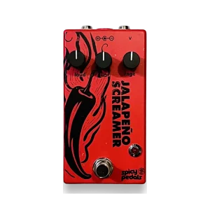 Jalapeño Screamer Rojo pedal: red enclosure with a black chilli illustration, three black knobs marked loud, ripe and rage, a red LED and a footswitch.