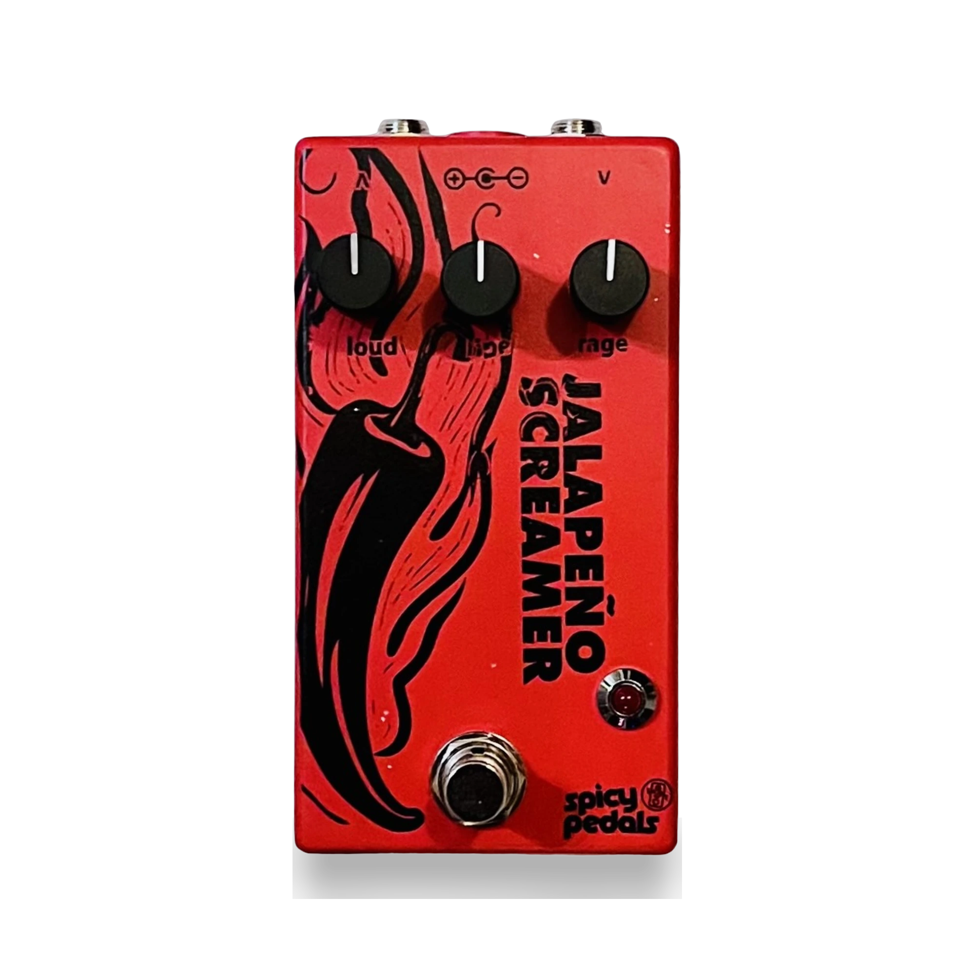 Jalapeño Screamer Rojo pedal: red enclosure with a black chilli illustration, three black knobs marked loud, ripe and rage, a red LED and a footswitch.