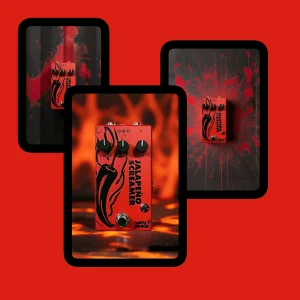 Promotional composite on a flat red background showing three framed photographs of the Jalapeño Screamer Rojo, one over flames and one over a red splatter.