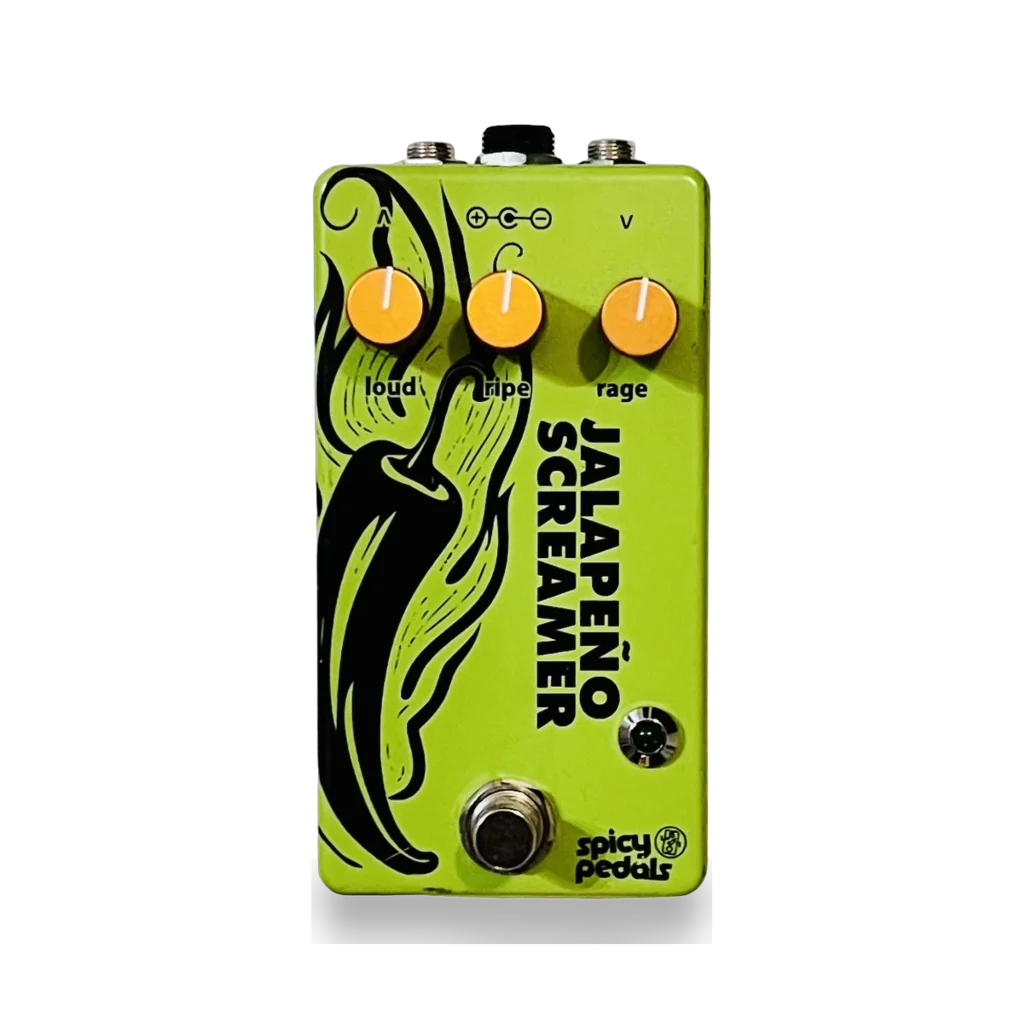 Jalapeño Screamer Verde pedal: green enclosure with a black chilli illustration, three orange knobs marked loud, ripe and rage, a green LED and a footswitch.