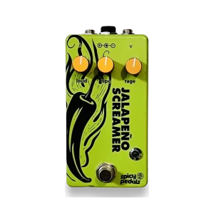 Jalapeño Screamer Verde pedal: green enclosure with a black chilli illustration, three orange knobs marked loud, ripe and rage, a green LED and a footswitch.