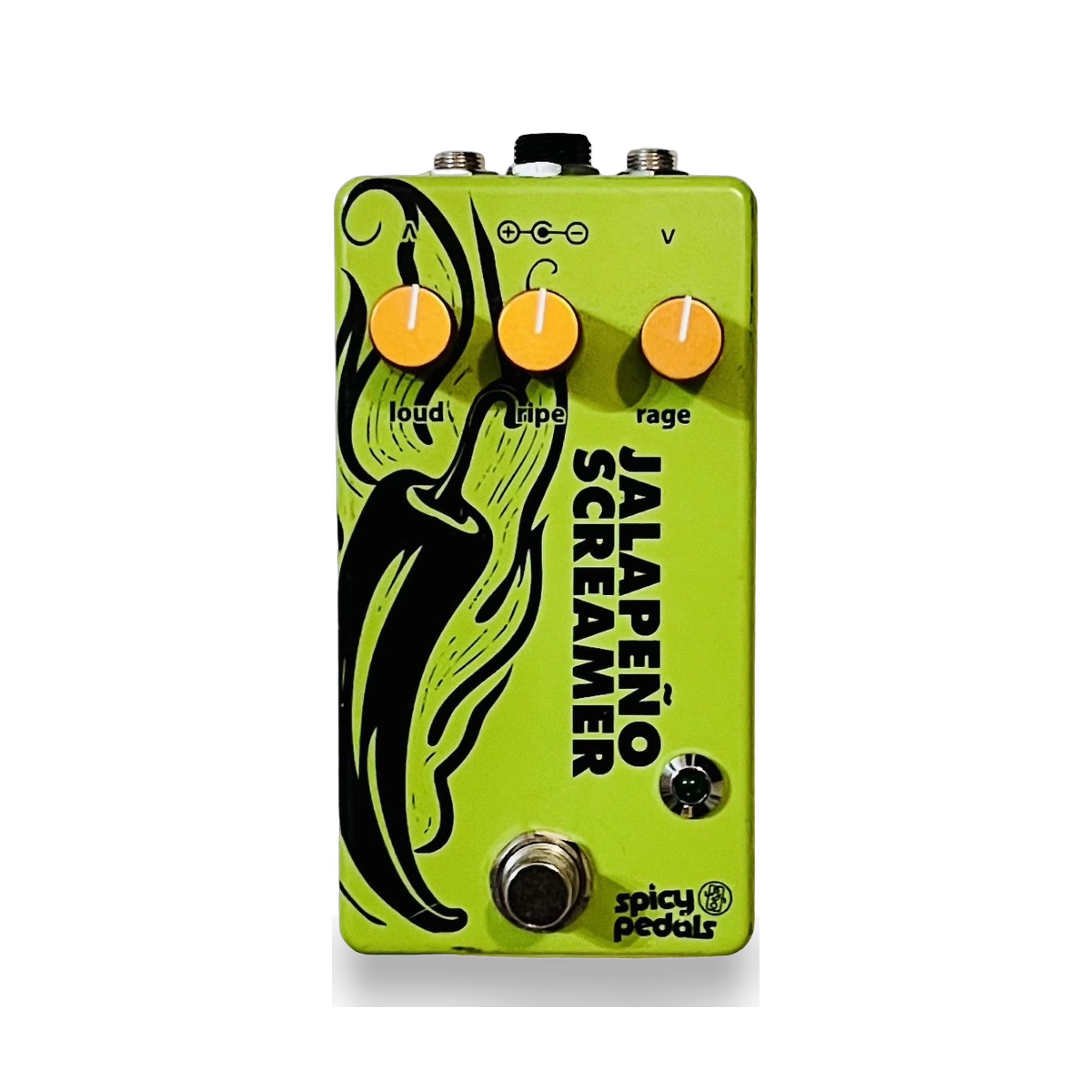 Jalapeño Screamer Verde pedal: green enclosure with a black chilli illustration, three orange knobs marked loud, ripe and rage, a green LED and a footswitch.