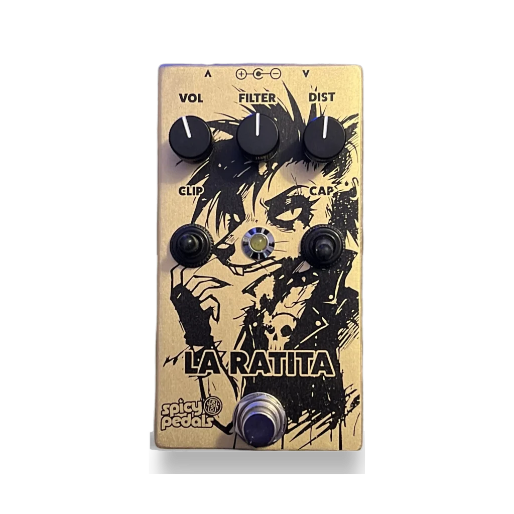 La Ratita Black Label pedal: cream enclosure printed with a black rat illustration, three black knobs marked VOL, FILTER and DIST, two toggle switches marked CLIP and CAP with an LED between them, and a footswitch.