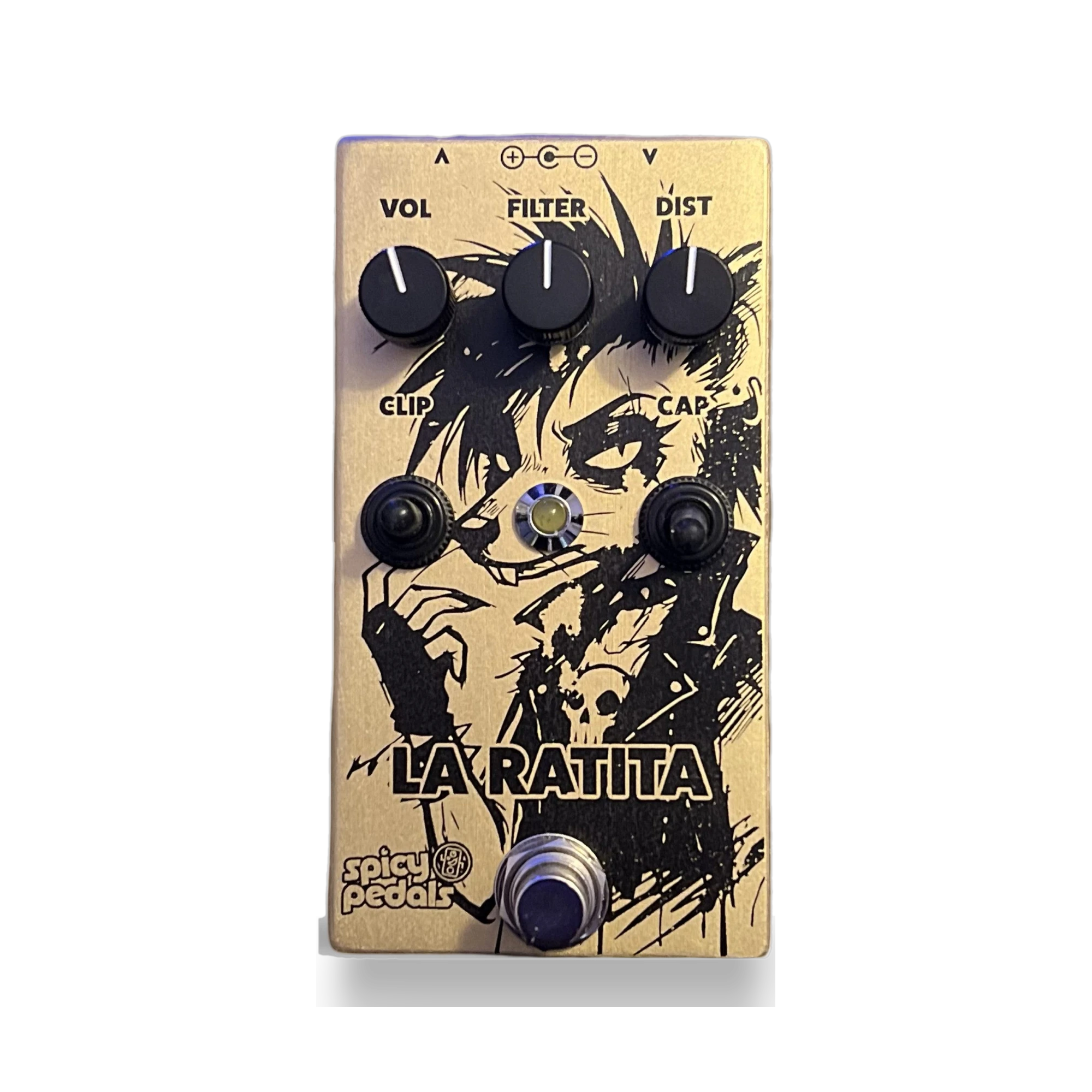 La Ratita Black Label pedal: cream enclosure printed with a black rat illustration, three black knobs marked VOL, FILTER and DIST, two toggle switches marked CLIP and CAP with an LED between them, and a footswitch.