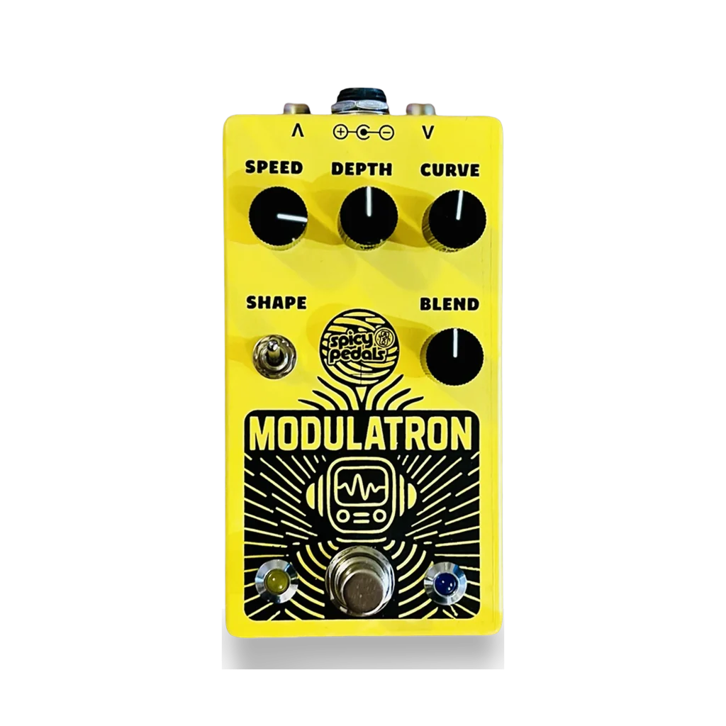 Modulatron Analog Chorus Vibrato pedal: yellow enclosure with four black knobs marked SPEED, DEPTH, CURVE and BLEND, a toggle switch marked SHAPE, a black panel drawing of a robot holding a waveform screen over radiating lines, and two LEDs flanking the footswitch.
