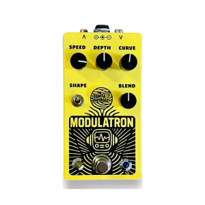 Modulatron Analog Chorus Vibrato pedal: yellow enclosure with four black knobs marked SPEED, DEPTH, CURVE and BLEND, a toggle switch marked SHAPE, a black panel drawing of a robot holding a waveform screen over radiating lines, and two LEDs flanking the footswitch.