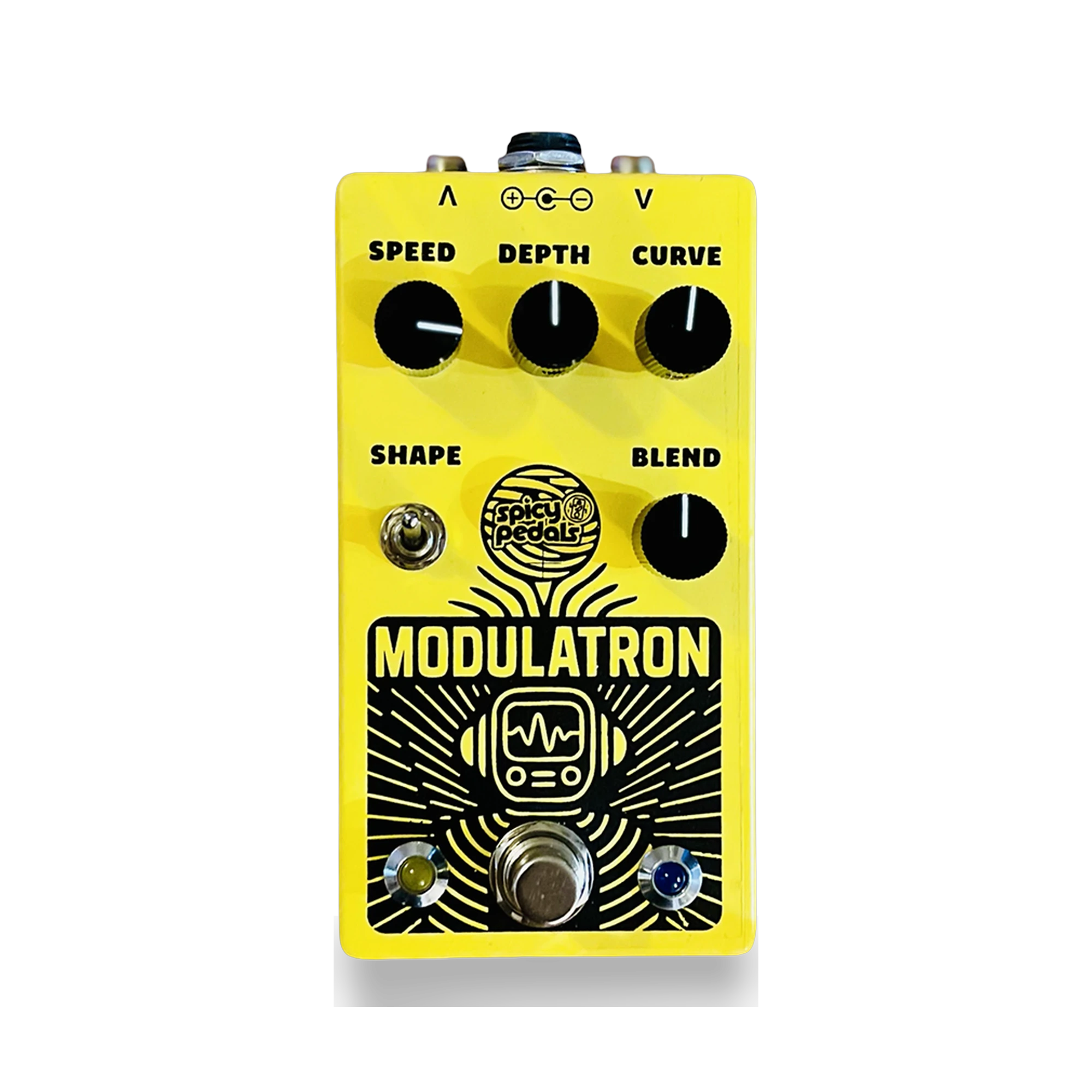 Modulatron Analog Chorus Vibrato pedal: yellow enclosure with four black knobs marked SPEED, DEPTH, CURVE and BLEND, a toggle switch marked SHAPE, a black panel drawing of a robot holding a waveform screen over radiating lines, and two LEDs flanking the footswitch.