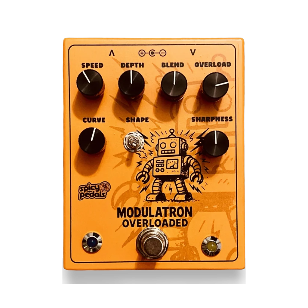 Modulatron Overloaded pedal: orange enclosure with six black knobs marked SPEED, DEPTH, BLEND, OVERLOAD, CURVE and SHARPNESS, a toggle switch marked SHAPE, a line drawing of a robot, and a blue and an amber LED flanking the footswitch.