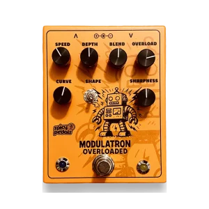 Modulatron Overloaded pedal: orange enclosure with six black knobs marked SPEED, DEPTH, BLEND, OVERLOAD, CURVE and SHARPNESS, a toggle switch marked SHAPE, a line drawing of a robot, and a blue and an amber LED flanking the footswitch.