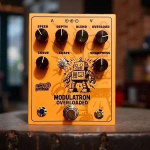 Modulatron Overloaded standing on a dark round table with a blurred brick interior behind it, all six knobs and the robot artwork facing the camera.