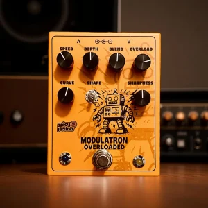Modulatron Overloaded on a warm wooden surface with a blurred amplifier and its control knobs behind, seen from the front.