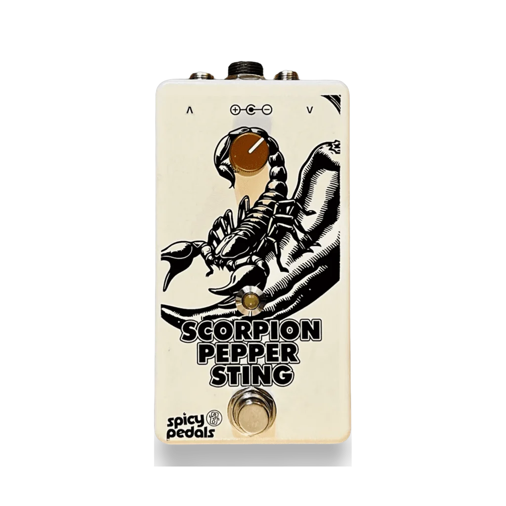 Scorpion Pepper Sting pedal: cream enclosure with a black illustration of a scorpion on an open hand, a single orange knob, an LED and a footswitch.