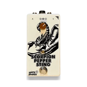 Scorpion Pepper Sting pedal: cream enclosure with a black illustration of a scorpion on an open hand, a single orange knob, an LED and a footswitch.