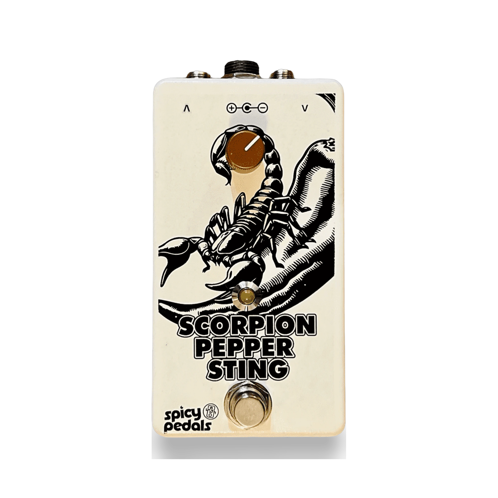 Scorpion Pepper Sting pedal: cream enclosure with a black illustration of a scorpion on an open hand, a single orange knob, an LED and a footswitch.