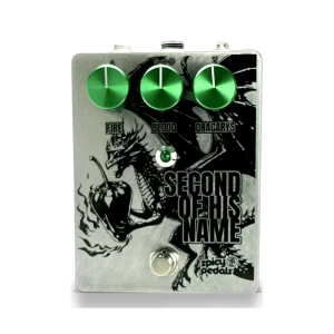 Second Of His Name pedal: raw aluminium enclosure printed with a black dragon and chilli illustration, three green knobs marked FIRE, BLOOD and DRACARYS, a green LED and a footswitch.