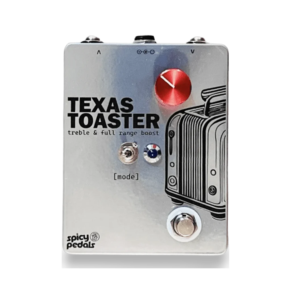 Texas Toaster pedal: brushed aluminium enclosure with a line drawing of a toaster, the words "TEXAS TOASTER — treble & full range boost", one red knob, a small toggle switch and an LED labelled [mode], and a footswitch.