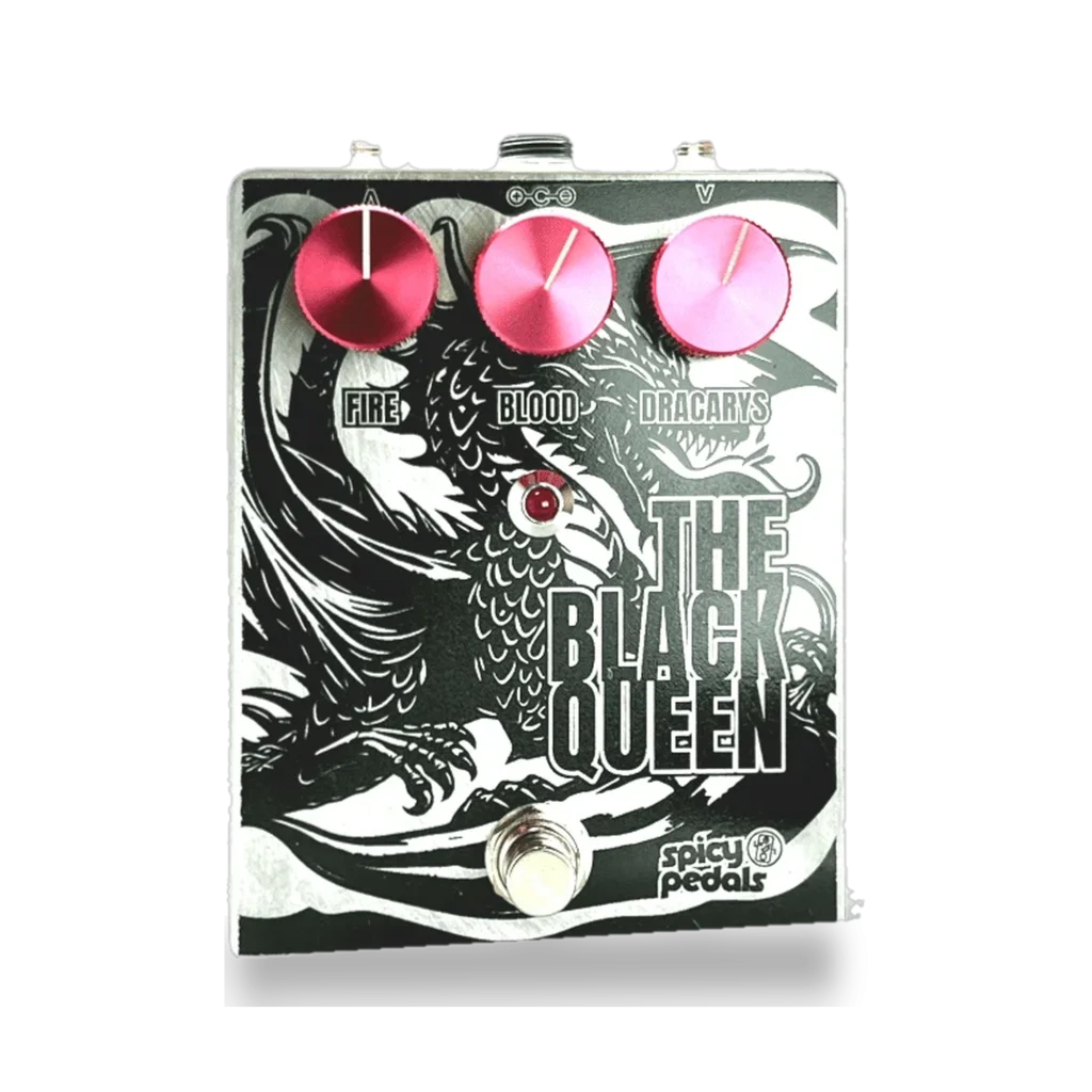 The Black Queen pedal: raw aluminium enclosure printed with a black dragon illustration, three pink knobs marked FIRE, BLOOD and DRACARYS, a red LED and a footswitch.
