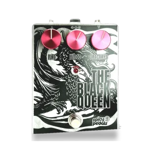 The Black Queen pedal: raw aluminium enclosure printed with a black dragon illustration, three pink knobs marked FIRE, BLOOD and DRACARYS, a red LED and a footswitch.