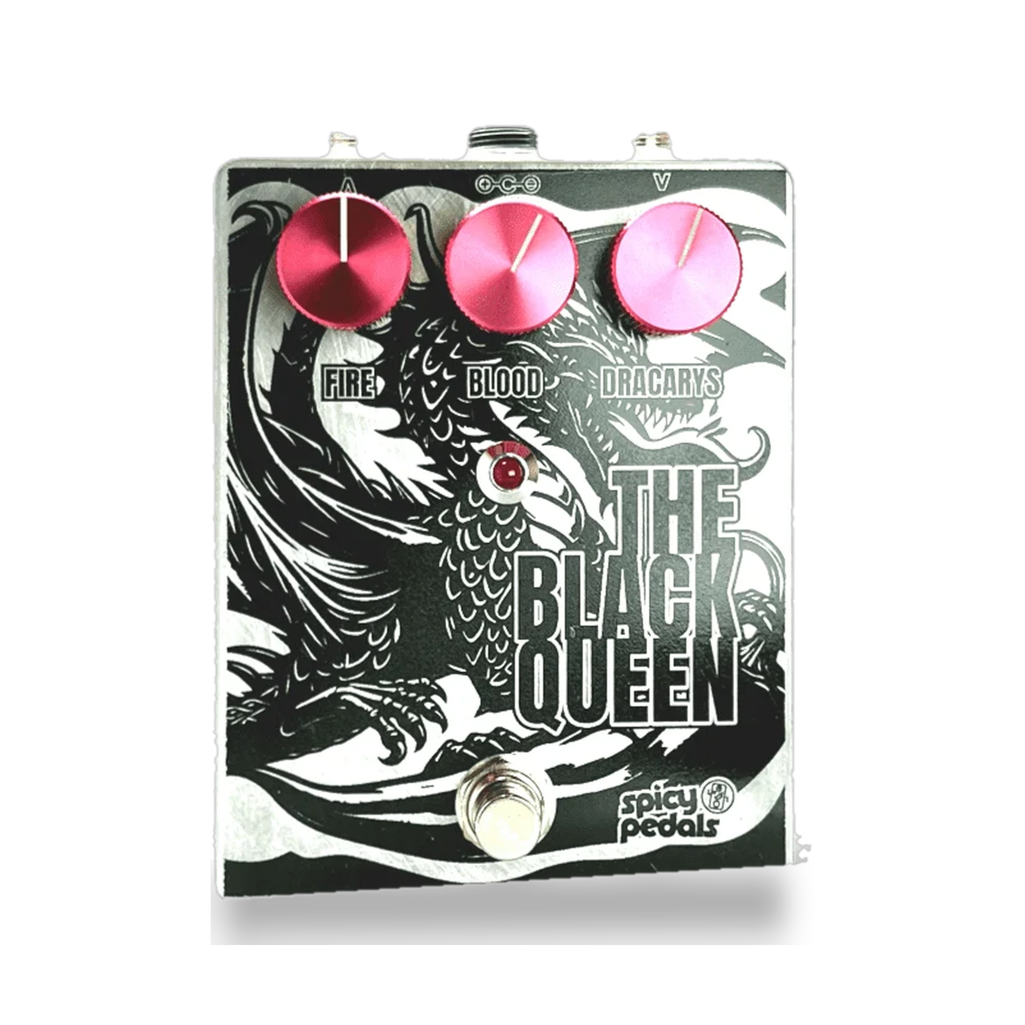 The Black Queen pedal: raw aluminium enclosure printed with a black dragon illustration, three pink knobs marked FIRE, BLOOD and DRACARYS, a red LED and a footswitch.